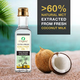 A bottle of virgin coconut oil with fresh coconuts, highlighting its 60% natural MCT content.