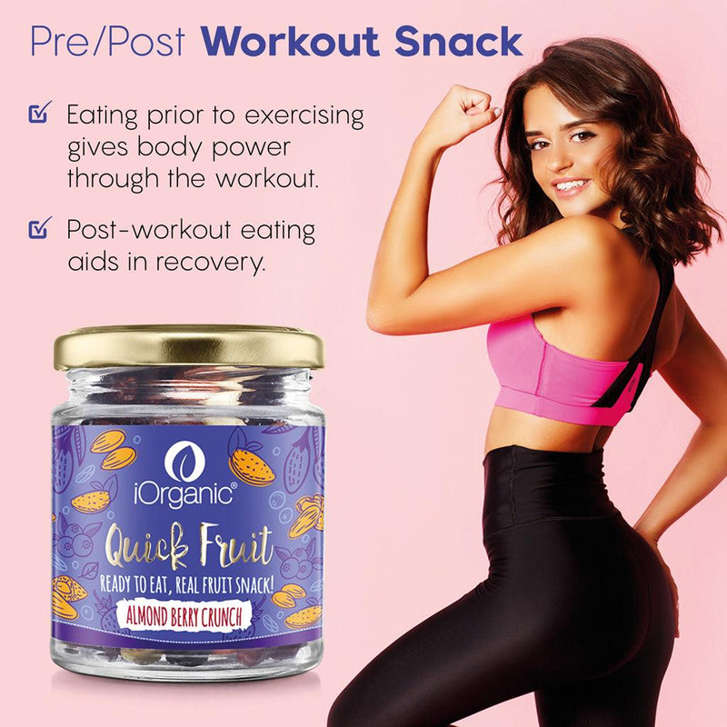 Fitness enthusiast showcasing iOrganic Almond Berry Crunch jar, the perfect pre-workout snack to energize your routine and aid recovery