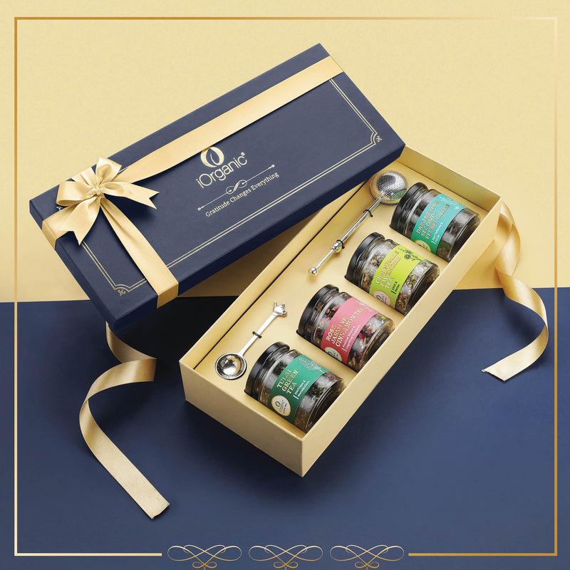 iorganic Anand gift box assortment of 6 wellness teas and premium teaware, diwali gifting, festive gifting, wedding gifting, corporate gifting