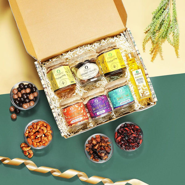 iorganic Assortment of 7 Products / 7 Assorted Snacks, Honey & Dragées, diwali gifting, festive gifting, wedding gifting, corporate gifting
