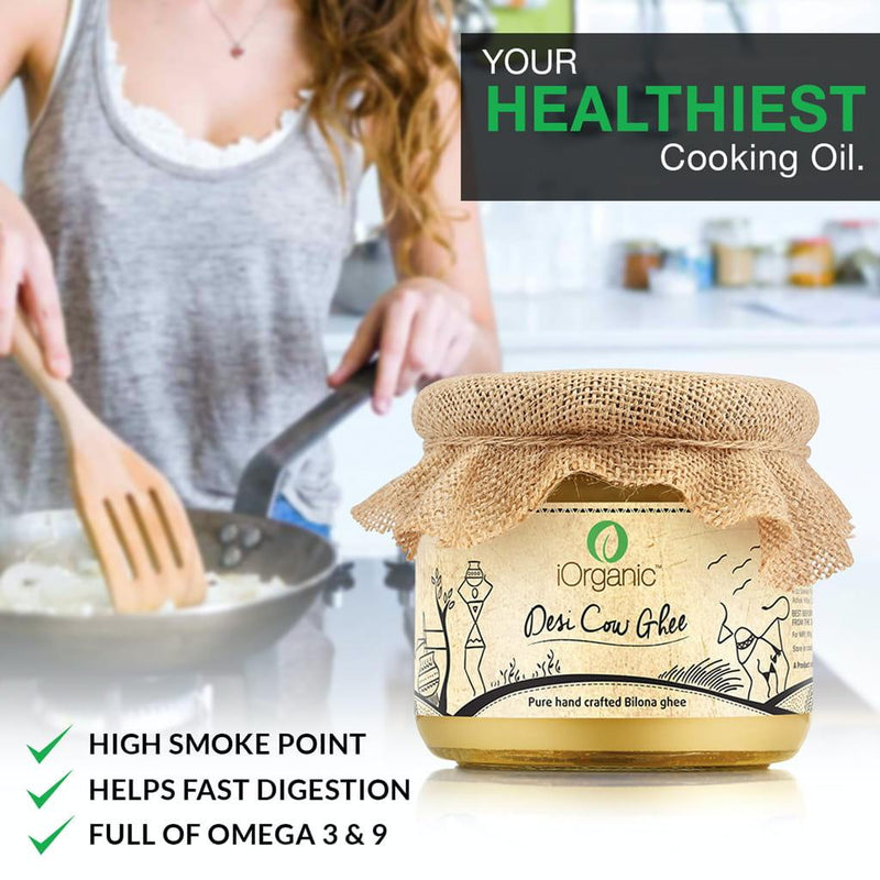Cooking with iOrganic A2 Desi Cow Ghee, the healthiest cooking oil, with high smoke point and rich in Omega 3 & 9, perfect for digestion-friendly recipes