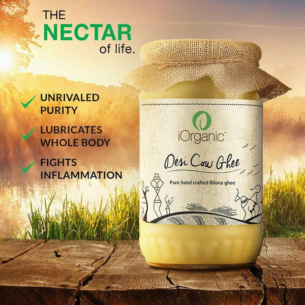 iOrganic A2 Desi Cow Ghee, handcrafted with Ayurvedic methods from Sahiwal cow milk, boasting a granular texture and a rich, nutty flavor, ideal as a high-smoke point cooking oil and for holistic health benefits.