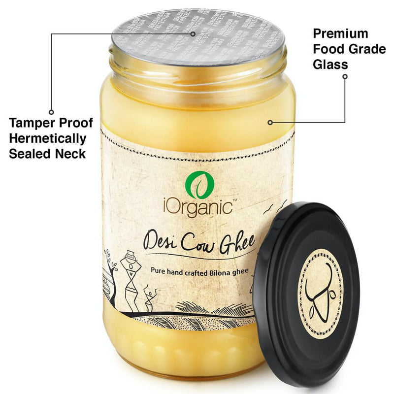 Close-up of iOrganic A2 Desi Cow Ghee in a tamper-proof, hermetically sealed jar made from premium food-grade glass, preserving the purity and ayurvedic goodness of bilona ghee.