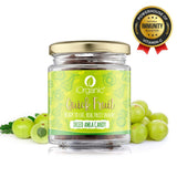 Jar of iOrganic Dried Amla Candy with fresh Amla fruits, a natural immunity booster dried fruit snack rich in Vitamin C.