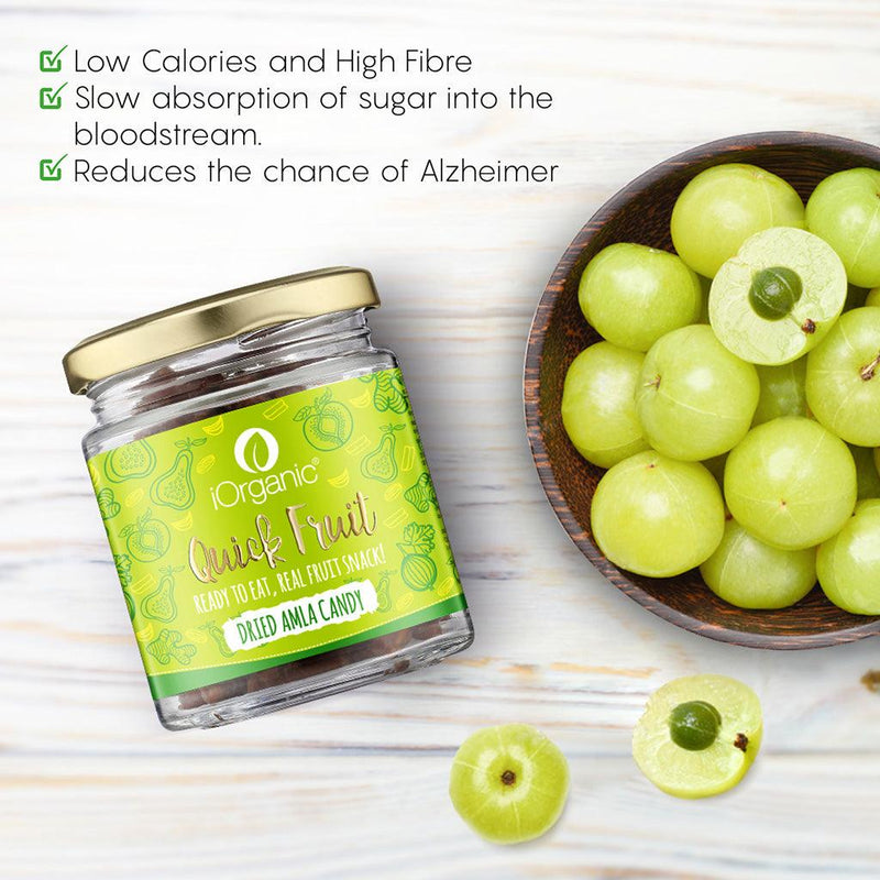 Health benefits of iOrganic Dried Amla Candy as a low-calorie, high-fibre dried fruit snack that aids digestion and reduces Alzheimer's risk.