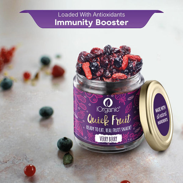 iOrganic Verry Berry Mix jar against a frosty backdrop, spotlighting the immunity-boosting benefits and rich antioxidants of the mix berries snack.