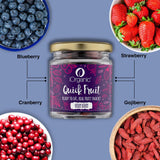 Infographic of iOrganic Verry Berry Mix berries including blueberry, strawberry, cranberry, and gojiberry, highlighting the health benefits and natural antioxidants.