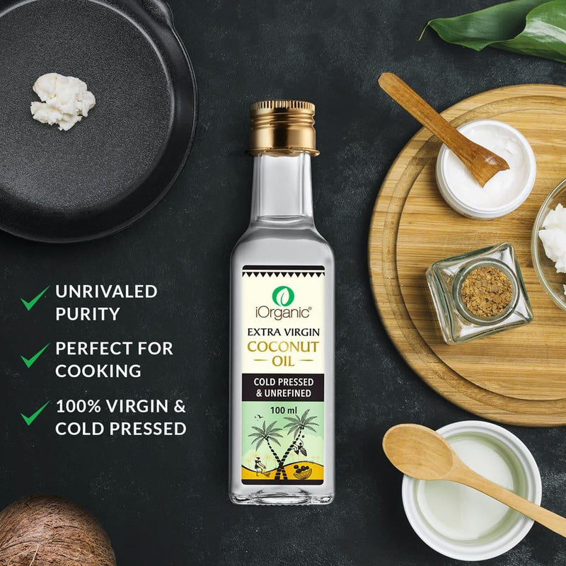 iOrganic's cold pressed virgin coconut oil bottle on a sleek countertop, ideal for healthy cooking and baking, boasting 100% purity and natural extraction methods.