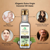 Multiple benefits of iOrganic cold pressed virgin coconut oil presented in a clear bottle, perfect for baby care, natural skin moisturizing, and hair health.