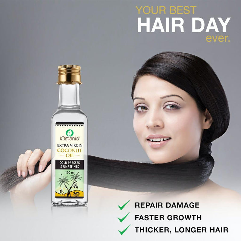 iOrganic's cold pressed virgin coconut oil presented as a hair care solution for stronger, longer hair, emphasizing its use for hair repair and promoting growth.