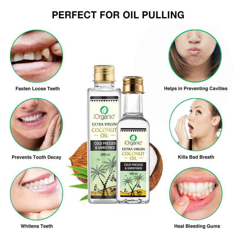 Experience the dental health benefits of iOrganic's cold pressed virgin coconut oil with oil pulling techniques, shown to strengthen teeth, prevent cavities, and ensure fresh breath.