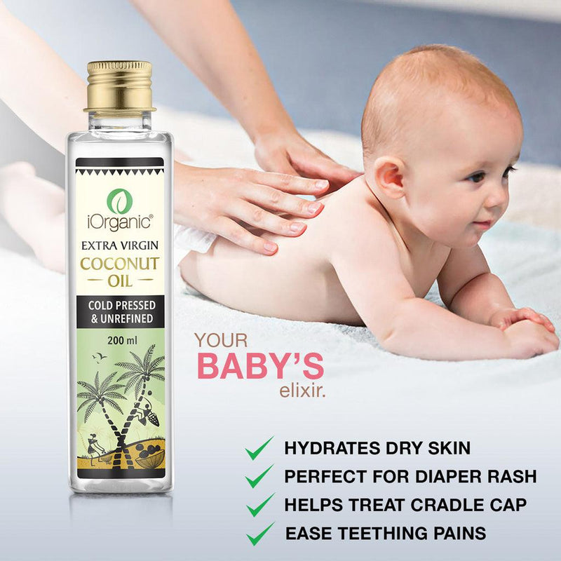 Cold pressed virgin coconut oil from iOrganic used for baby massage, featuring benefits such as hydrating dry skin and easing teething pains on a nurturing backdrop.