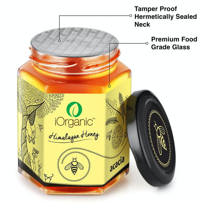 iOrganic Acacia Honey jar emphasizing security features such as tamper-proof, hermetically sealed neck, and packaged in premium food-grade glass to ensure quality and safety.