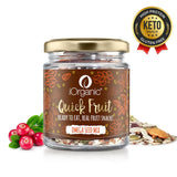 Jar of iOrganic Omega Seed Mix, labeled as a high protein snack, surrounded by rich cranberries, almonds, and a variety of seeds, ideal for a health-conscious diet