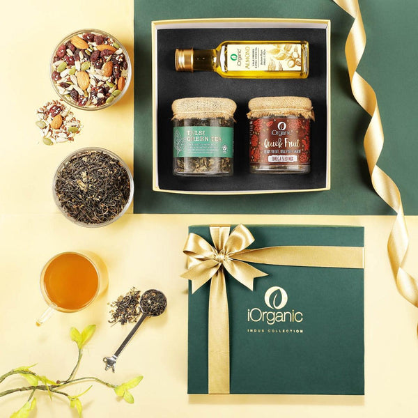   iorganic Rejuvenate Gift Box / Assortment of 3 Products / Cold-Pressed Oil, Trail Mix & Organic Tea, diwali gifting, festive gifting, wedding gifting, corporate gifting