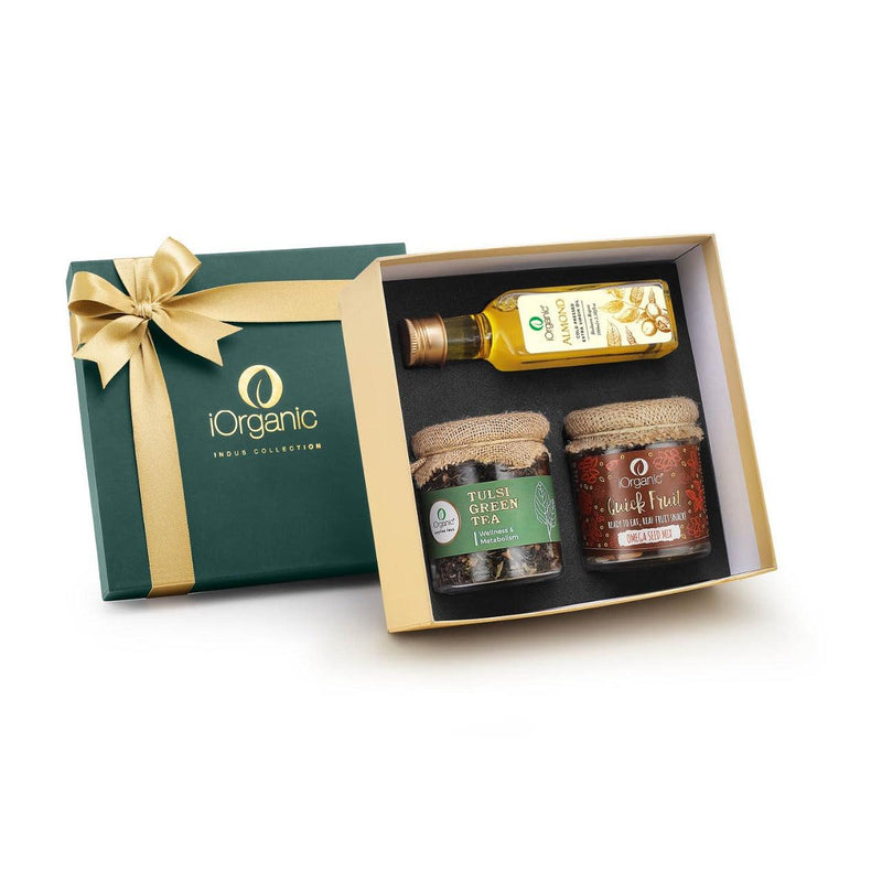  iorganic Rejuvenate Gift Box / Assortment of 3 Products / Cold-Pressed Oil, Trail Mix & Organic Tea, diwali gifting, festive gifting, wedding gifting, corporate gifting