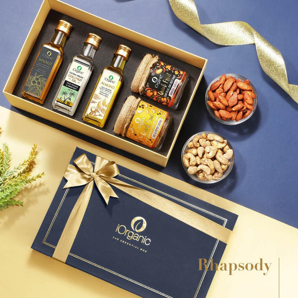 iorganic Rhapsody Gift Box / Assortment of 5 Products / Cold-Pressed Oils & Roasted Nuts, diwali gifting, festive gifting, wedding gifting, corporate gifting