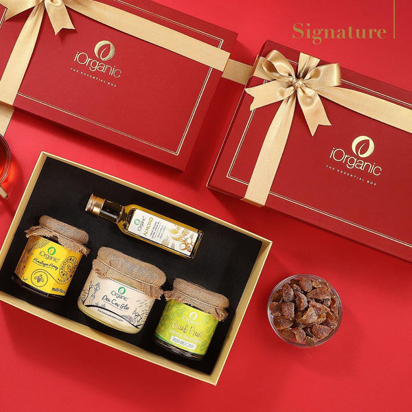 iorganic Signature Gift Box / Assortment of 4 Products / Virgin Oil, Honey, Dried Fruit & A2 Ghee, diwali gifting, festive gifting, wedding gifting, corporate gifting