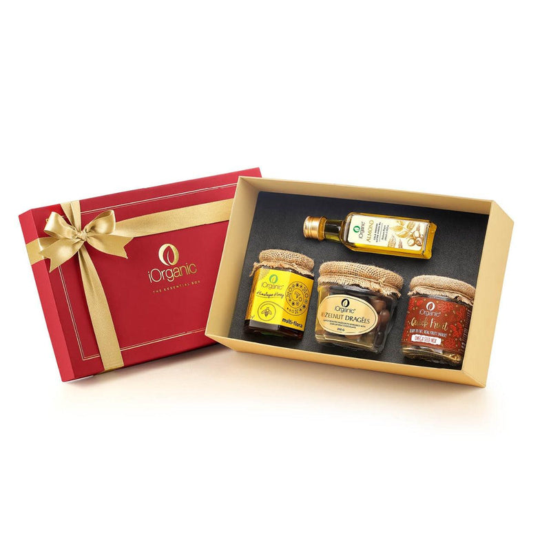 iorganic Synergy Gift Box / Assortment of 4 Products / Virgin Oil, Honey, Trail Mix & Hazelnuts, diwali gifting, festive gifting, wedding gifting, corporate gifting