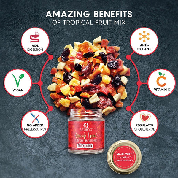 Health benefits of iOrganic's Tropical Dried Fruit Mix, showcasing it as a vegan dried fruit snack with antioxidants and no added preservatives.