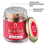 Jar of iOrganic Tropical Dried Fruit Mix, a gluten-free dried fruit snack, highlighting its tamper-proof and hermetically sealed freshness.
